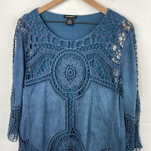 Lauren Michelle Boho Crochet mixed media top 3/4 sleeve round neck size Large - Picture 5 of 12